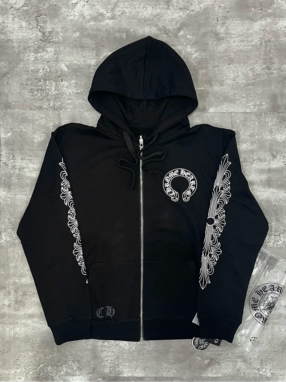 Chrome Hearts Horseshoe Cross Patch Zip Up Hoodie Black Mens Medium